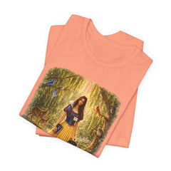 Fairy Tale Forest Tee — Woman with Dog Vintage Fantasy Graphic Shirt
