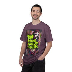 Christian T-Shirt — "Jesus Died For Me, Now I Live For Him" Graffiti Tee