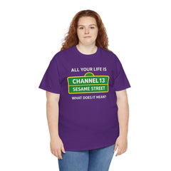 FUNNY T SHIRT  ALL YOUR LIFE IS CHANNEL 13 SESAME STREET WHAT DOES IT MEAN? MUSIC LYRICS. Unisex Heavy Cotton Tee