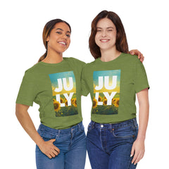 July Sunflower T‑Shirt – Summer Graphic Tee with 'JULY' Text