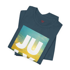 July Sunflower T‑Shirt – Summer Graphic Tee with 'JULY' Text
