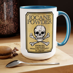 IOCANE Powder label with skull and crossbones Don't have a cup of coffee with Vizzini / Princess Bride / 80s Movies / Two-Tone Mugs, 15 oz.