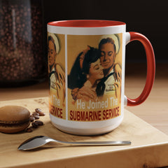Mug - Vintage He Joined The Submarine Service Unique Tri Panel Image Accent Coffee Mug (11, 15oz)