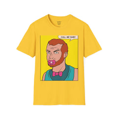 Call Me Baby Unisex Softstyle T-Shirt  Pop Art Bearded Guy with a pacifier and a bow tie