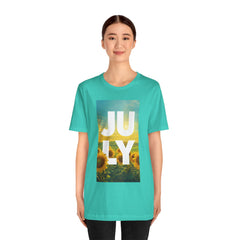 July Sunflower T‑Shirt – Summer Graphic Tee with 'JULY' Text