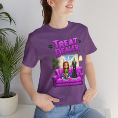Personalized Treat Dealer T-Shirt — Funny Pet Lover Tee with Girl and Dog on Purple Couch