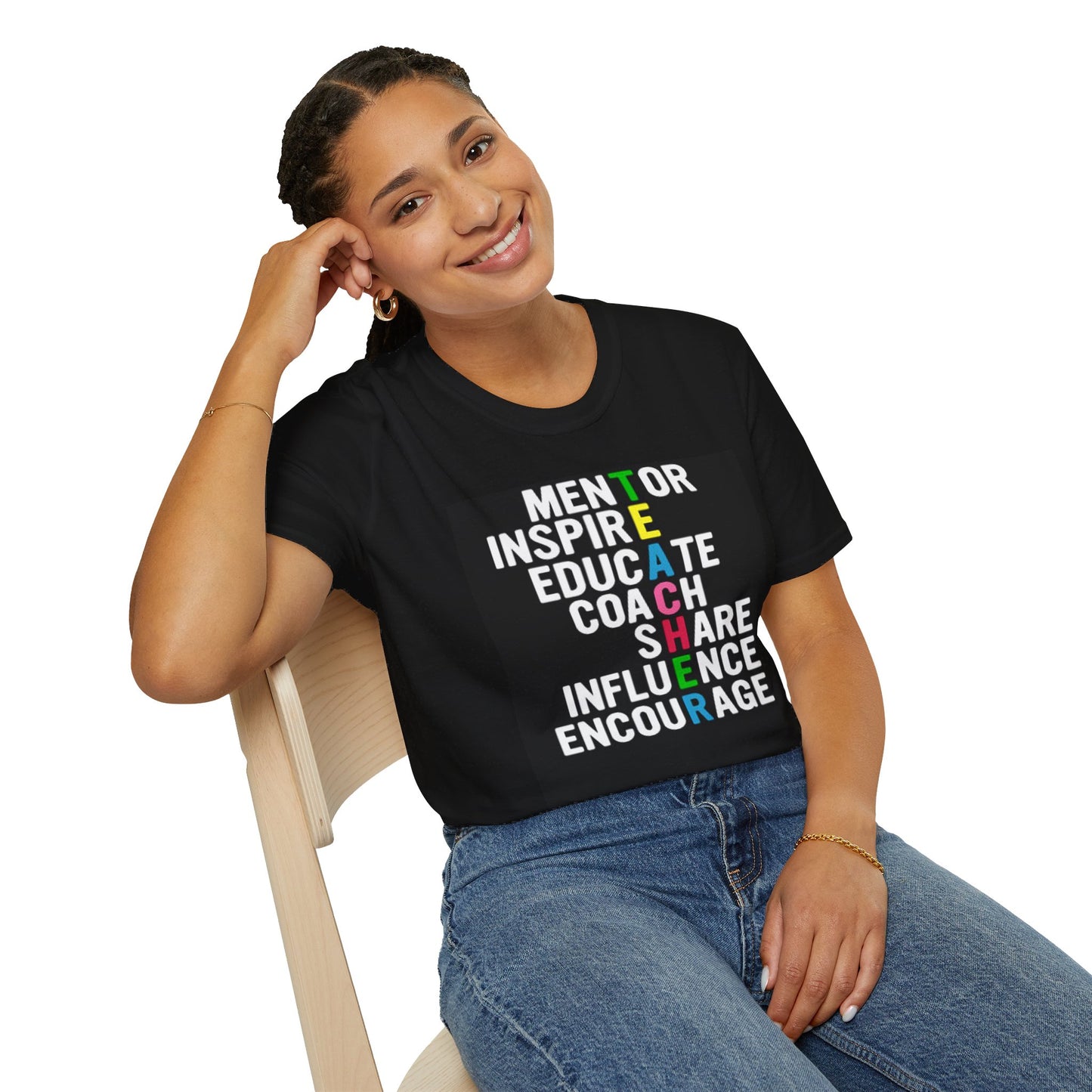 Mentor, Inspire, Educate, Coach, Share, Influence Encourage means Teacher Unisex Softstyle T-Shirt