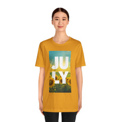 July Sunflower T‑Shirt – Summer Graphic Tee with 'JULY' Text