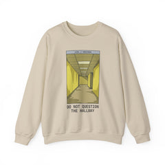 Crewneck Sweatshirt "Do Not Question the Hallway" – Retro Yellow Corridor Graphic