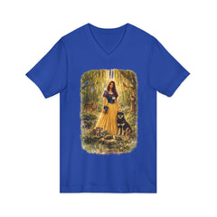 Forest Maiden V-Neck Tee — Woman with Dog & Nature Illustration