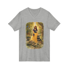 Forest Maiden V-Neck Tee — Woman with Dog & Nature Illustration