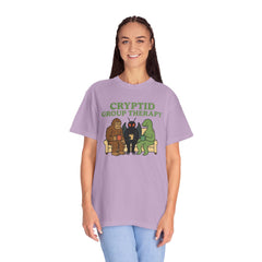 Cryptid Group Therapy Bigfoot, Mothman and Loch Nessie Unisex T-Shirt, Funny Graphic Tee, Gift for Cryptid Lovers, Quirky Casual Wear, Cool Humor Shirt