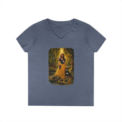 Fairy Tale Snow White & Dog V-Neck T-Shirt — Whimsical Princess Forest Graphic
