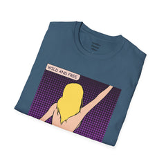 WILD AND FREE Pop Art Blonde Hair Girl with denim shorts and no top Unisex Softstyle T Shirt