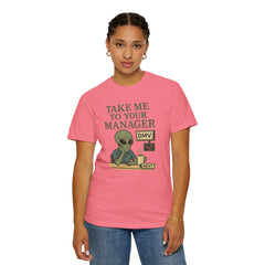 Humorous Alien Manager T-Shirt, Funny Graphic Tee, Unisex Casual Wear, Gift for Work, Quirky T-Shirt, DMV Humor Shirt