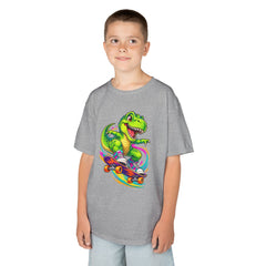 Kids Skateboarding T‑Rex Tee — Neon Dino Skateboard Shirt for Boys & Girls