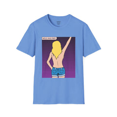WILD AND FREE Pop Art Blonde Hair Girl with denim shorts and no top Unisex Softstyle T Shirt