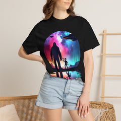 Bigfoot & Alien Nightscape T-Shirt — Sasquatch UFO Graphic Tee