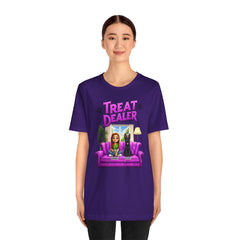 Personalized Treat Dealer T-Shirt — Funny Pet Lover Tee with Girl and Dog on Purple Couch