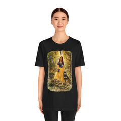 Fairy Tale Forest Tee — Woman with Dog Vintage Fantasy Graphic Shirt