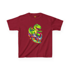 Kids Skateboarding T‑Rex Tee — Neon Dino Skateboard Shirt for Boys & Girls