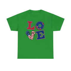 LOVE red white and blue graphics Unisex Heavy Cotton Tee / see our matching T Shirt , coffe mugs and tote bags