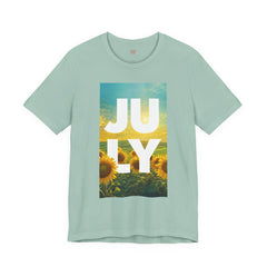 July Sunflower T‑Shirt – Summer Graphic Tee with 'JULY' Text
