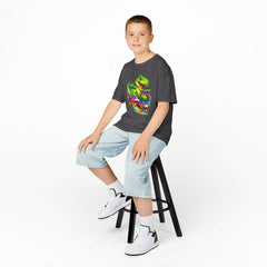 Kids Skateboarding T‑Rex Tee — Neon Dino Skateboard Shirt for Boys & Girls
