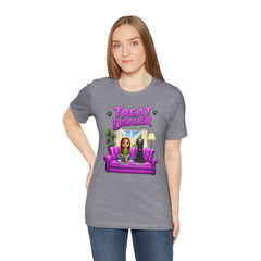 Personalized Treat Dealer T-Shirt — Funny Pet Lover Tee with Girl and Dog on Purple Couch