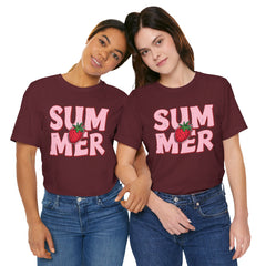 Summer Strawberry T-Shirt — Cute Pink Graphic Tee with Strawberry "SUMMER" Design