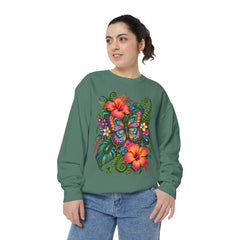 Floral Butterfly Sweatshirt — Tropical Hibiscus Garden Crewneck