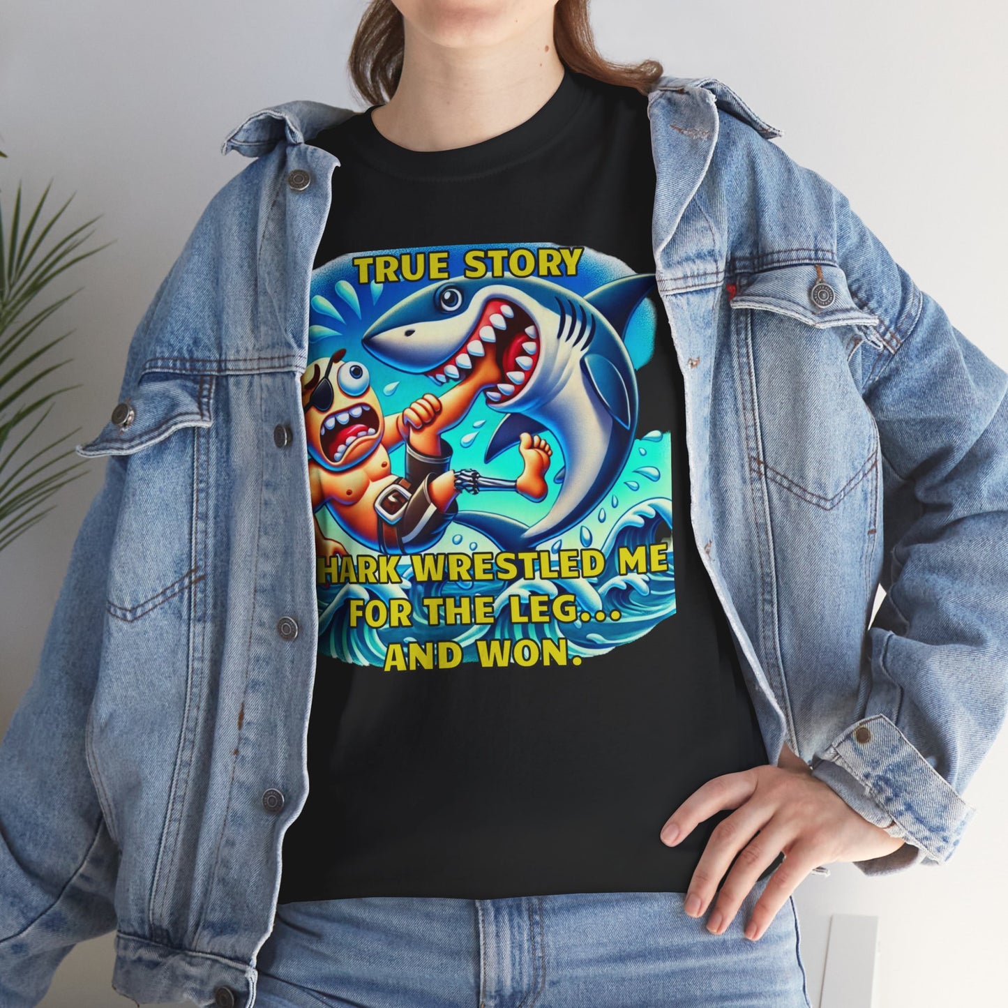 Amputee Humor True Story Shark Wrestled Me For The Leg, And Won - Unisex Heavy Cotton Tee