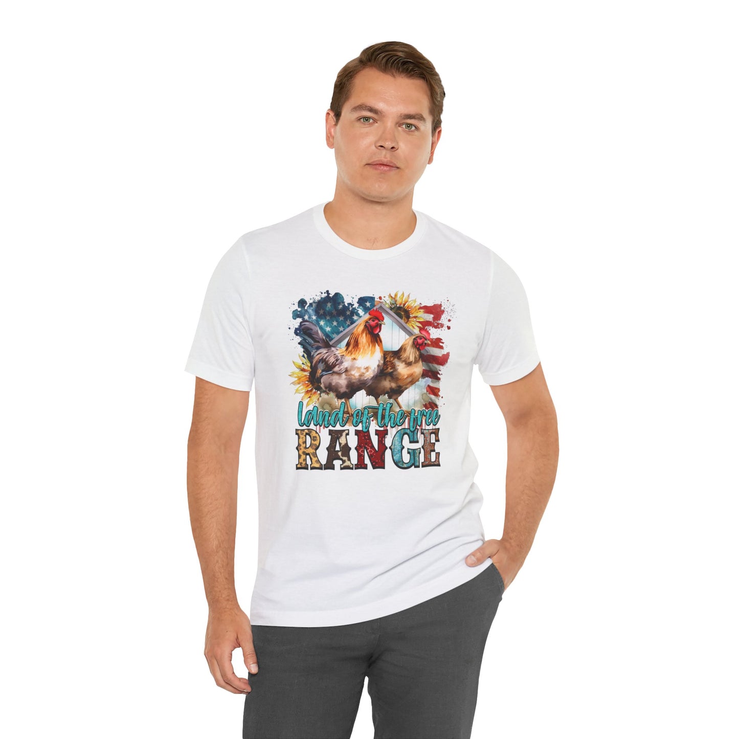 Land Of The Free RANGE Chicken Graphic, Unisex Jersey Short Sleeve Tee