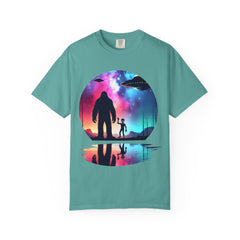 Bigfoot & Alien Nightscape T-Shirt — Sasquatch UFO Graphic Tee