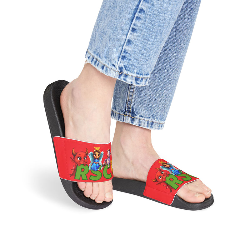 Russell Sage College Mascot Characters Graphic Women's Summer Slide Sandals -  Purple Cow, Red Devil, Golden Horseshoe, Blue Angel