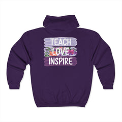 Teach Love Inspire Hoodie - Cozy Unisex Zip-Up Sweatshirt for Educators and Motivators