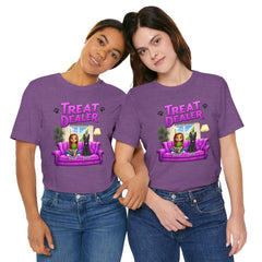 Personalized Treat Dealer T-Shirt — Funny Pet Lover Tee with Girl and Dog on Purple Couch