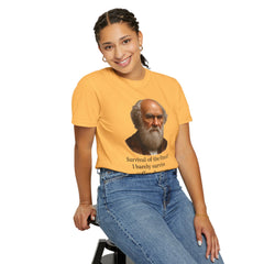 Darwin Coffee Funny T-Shirt — "Survival of the Fittest? I Barely Survive Coffee Shortages."