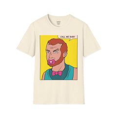 Call Me Baby Unisex Softstyle T-Shirt  Pop Art Bearded Guy with a pacifier and a bow tie