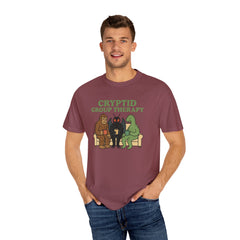 Cryptid Group Therapy Bigfoot, Mothman and Loch Nessie Unisex T-Shirt, Funny Graphic Tee, Gift for Cryptid Lovers, Quirky Casual Wear, Cool Humor Shirt