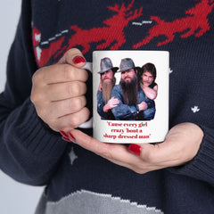 Cause every girl crazy 'bout a sharp-dressed man / ZZ Top / 80s Music / Eliminator / Red on White Mug / See Our Matching T Shirts