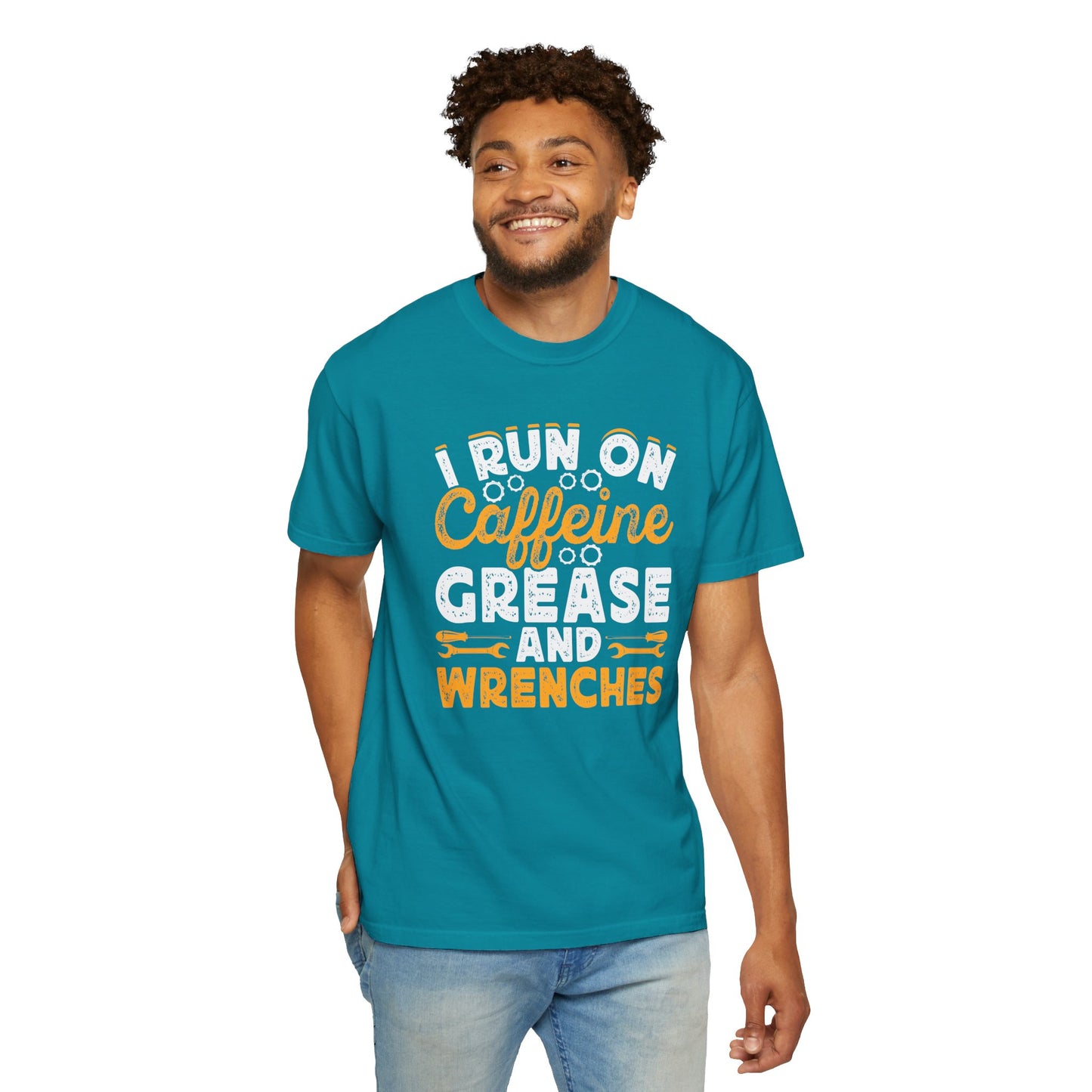 I Run On Caffeine, Grease and Wrenches, Fun Mechanic Quote, Comfort Colors Unisex Relaxed Fit T Shirt