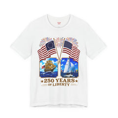 250 Years of Liberty Patriotic T-Shirt - Unique 1776 Tall Ship Brig and a 2026 Flying Scot Sailing Racer