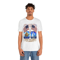 250 Years of Liberty Patriotic T-Shirt - Unique 1776 Tall Ship Brig and a 2026 Flying Scot Sailing Racer