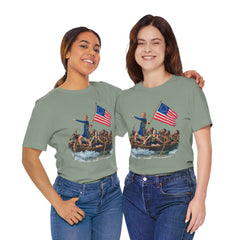 Historical Fever Patriot T‑Shirt — Revolutionary Flag Rowboat Design