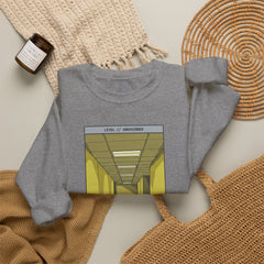 Crewneck Sweatshirt "Do Not Question the Hallway" – Retro Yellow Corridor Graphic