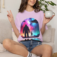 Bigfoot & Alien Nightscape T-Shirt — Sasquatch UFO Graphic Tee