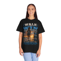 Women's Leg Amputee Walk to Win Water Leg Beach T-Shirt — Motivational Ocean Sunset Graphic Tee