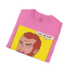 Call Me Baby Unisex Softstyle T-Shirt  Pop Art Bearded Guy with a pacifier and a bow tie