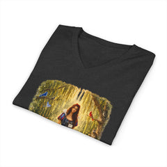 Forest Maiden V-Neck Tee — Woman with Dog & Nature Illustration